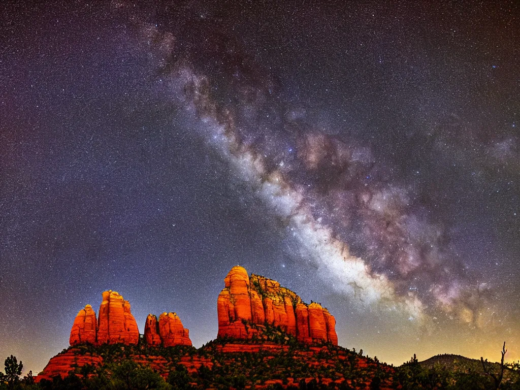 Prompt: sedona's cathedral rock bluff, night, milky way, intricate lines, elegant, extreme detail, sharp focus, photo realistic, ultra realistic, photographic