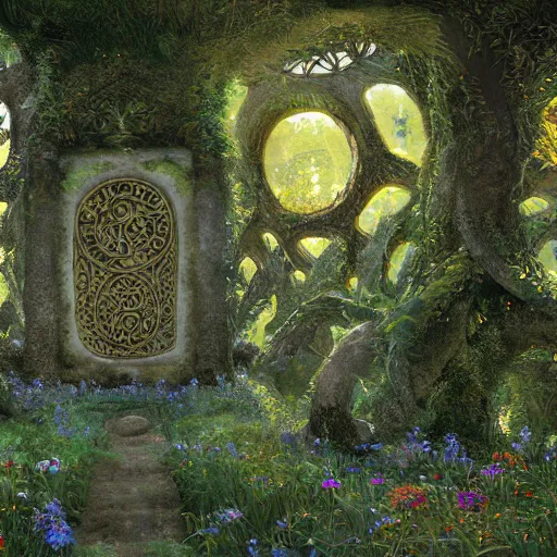 Prompt: ancient overgrown! ruins, medieval gates, runestones, mysetrious etherial mesmerizing runic!! cat eyes, magical elven geometry, concept art by gustav klimt!, deviantart contest winner, environmental art, high detail