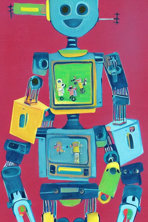 Image similar to children's book illustration of robots doing activities by margret rey