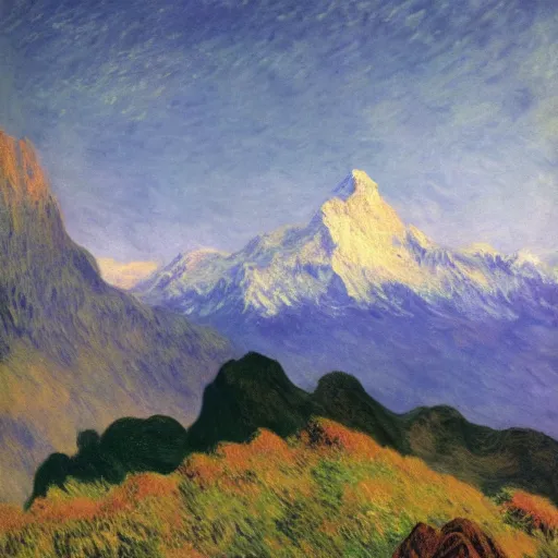 Prompt: achingly beautiful painting of alpine mountains and dramatic soft couds, dramatic twilight by rene magritte, monet, and turner