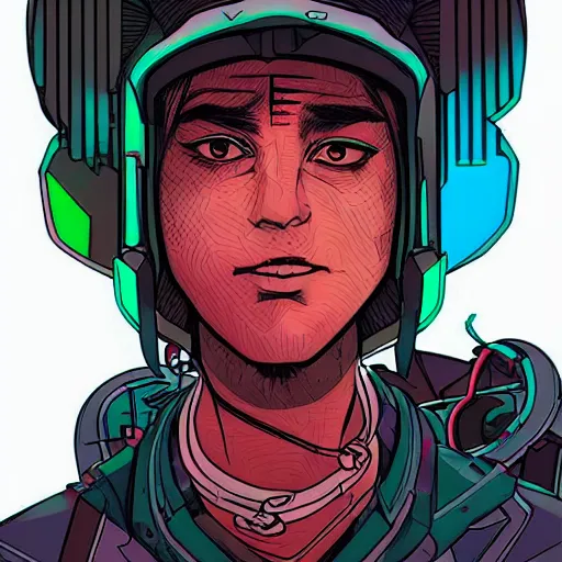 Prompt: “in the style of josan Gonzalez and jinx88 a young and suave cyberpunk teenager wearing a futuristic helmet, eyes still visible, highly detailed, y2k”