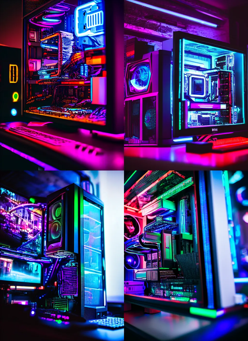 Image similar to photo of a gaming computer with a cyberpunk city inside, 8 k, 8 5 mm f 1. 8