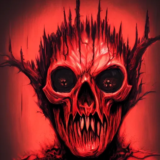 Image similar to horrific demon, skull face, red eyes, terror, horror, scary, nightmare, high quality, high resolution