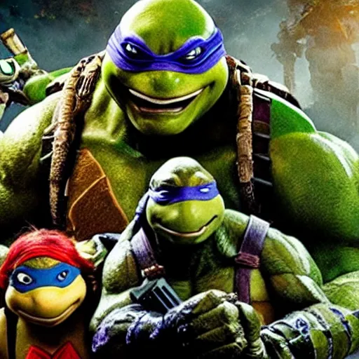 Prompt: a still of from the movie teenage mutant ninja turtles 2 : the secret of the ooze crossover with the game gears of war