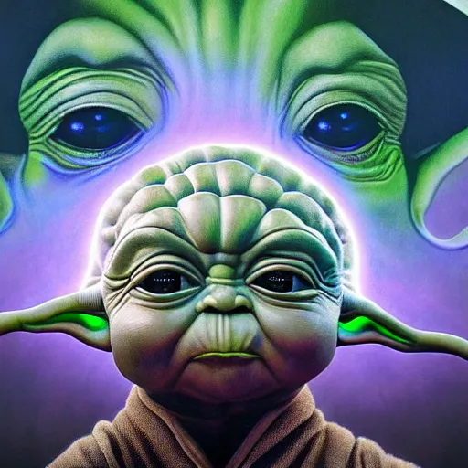 Image similar to portrait ultra dimensional baby yoda tripping on dmt, psychedelic experience, overwhelming self realization and awakening, ultra high definition, unreal engine 5, hyperrealism, masterpiece composition, surrealism by alex grey, salvador dali 8 k photorealistic