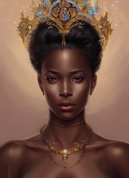 Image similar to portrait of a stunningly beautiful young black woman wearing a crown, highly detailed, digital painting, artstation, concept art, sharp focus, illustration, art by artgerm and greg rutkowski and alphonse mucha, incredibly beautiful and symmetrical face, incredibly detailed, award winning art, royal