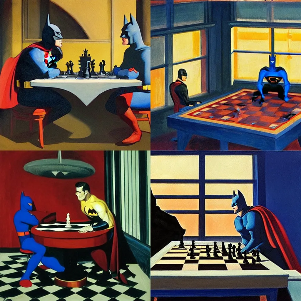 Prompt: Batman and Superman play chess, painting by Edward Hopper