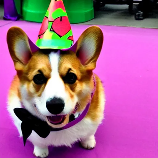 Image similar to a corgi wearing a purple party hat and a red bowtie