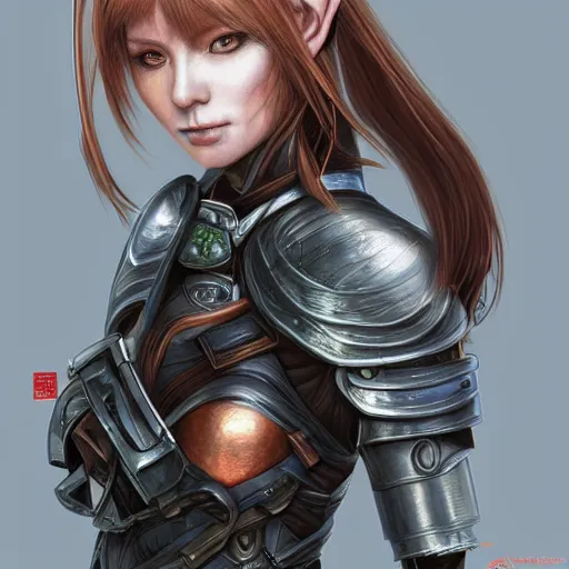 Image similar to portrait of a female elf orc by ayami kojima, she is about 2 0 years old, american pretty, copper hair, annoying but friendly, she is wearing a modern tactical gear, scifi, highly detailed portrait, digital painting, artstation, concept art, smooth, sharp foccus ilustration, artstation hq