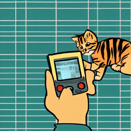 Prompt: a kitten grabbing a gameboy, hypperrealistic illustration, cinematic lighting