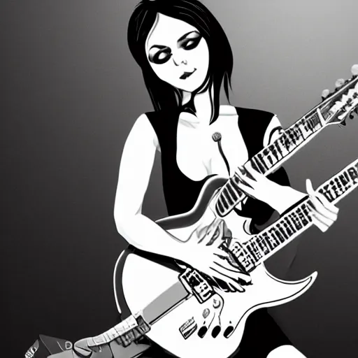 Image similar to beautiful goth girl with short black hair playing an electric guitar sitting on a chair, 8k, super detailed, extremly detailed face, sharp, drawing, illustration