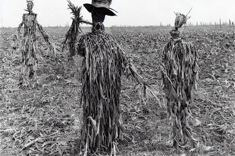 Image similar to horrifying scarecrow from the early 1 9 0 0's in the cornfields