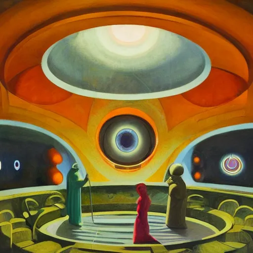 Image similar to three biomorphic robotic seers watchers oracles soothsayers with glowing eyes, inside a dome, pj crook, grant wood, edward hopper, syd mead, chiaroscuro, oil on canvas