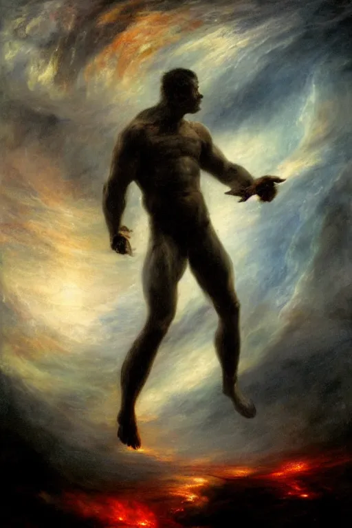 Image similar to a hulking human male silhouette in the darkness, his eyes glowing red, roiling stormclouds overhead,. atomospheric, artgerm, in the style of turner, high detail, 8 k resolution,