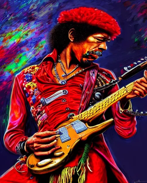 Prompt: highly detailed medium shot of jimi hendrix, dressed in red clothes, full face view, on a battlefield, holding a guitar gun, hyper realistic, psychedelic, illustration, digital paint, matte paint, vivid colors, detailed and intricate environment