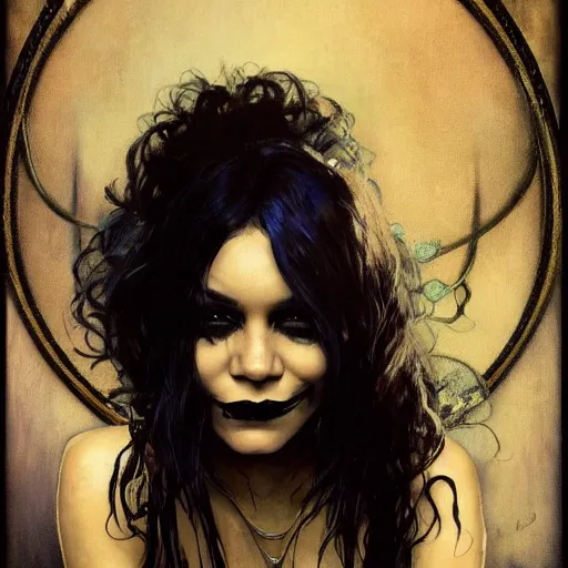 Image similar to beautiful portrait of vanessa hudgens as death from sandman, smiling, by cedric peyravernay, alphonse mucha, by jeremy mann, by lecouffe deharme, goth chic, soft lightning, eyeliner, punk rock, high detailed, 8 k