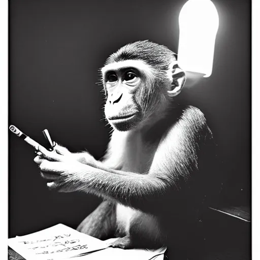 Prompt: a monkey writing a bestseller on a 8 0 s computer, smoking a cigarette. black and white. 1 9 2 0 aesthetic. old film grain. soft light from a table lamp. high detailed film look.