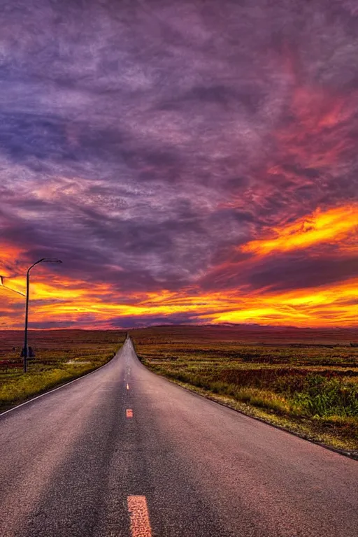 Image similar to colourful sunset at the end of a long highway by zack doehler