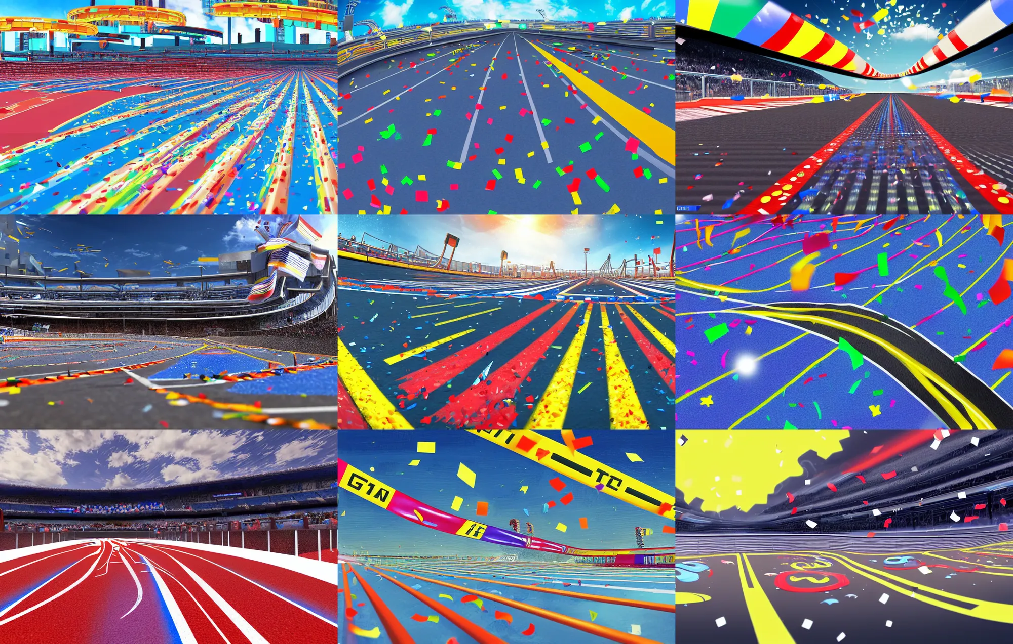 Prompt: wide angle shot worms eye view of a realistic futuristic racetrack finish line with confetti on a sunny day with a clear blue sky, cyberpunk, profile shot, digital painting, good value control, crowded stands, three point perspective, rule of thirds, golden ratio, horizon line focus, sharp focus, vanishing point
