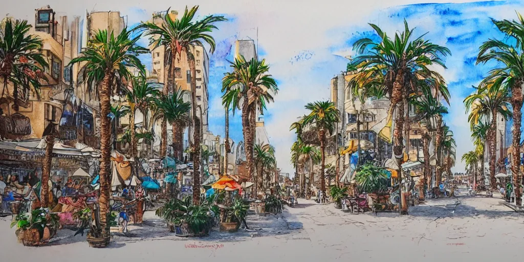 Image similar to streets of tel aviv. pen painting watercolors. colorful. highly detailed. palm trees. dogs. 8 k. artstation trending