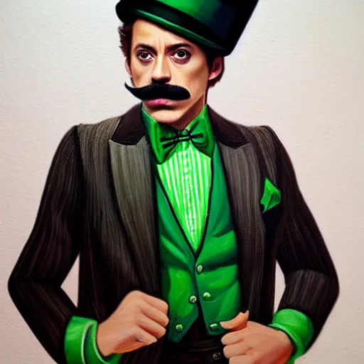 Prompt: hyper realistic portrait painting, beautifully rendered, robert downey jr. as dapper fancy luigi, moustache, wearing a green top hat, green suit and bowtie, smirking deviously, painted by greg rutkowski, wlop, artgerm, dishonored 2