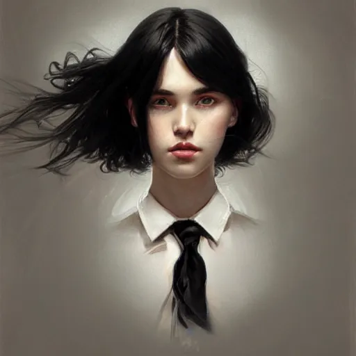 Image similar to portrait of teenage girl with long glossy black hair, glowing skin, delicate features, victoria wallace, fantasy, intricate, elegant, dress shirt and tie, highly detailed, digital painting, artstation, concept art, smooth, sharp focus, illustration, art by Krenz Cushart and Artem Demura and alphonse mucha