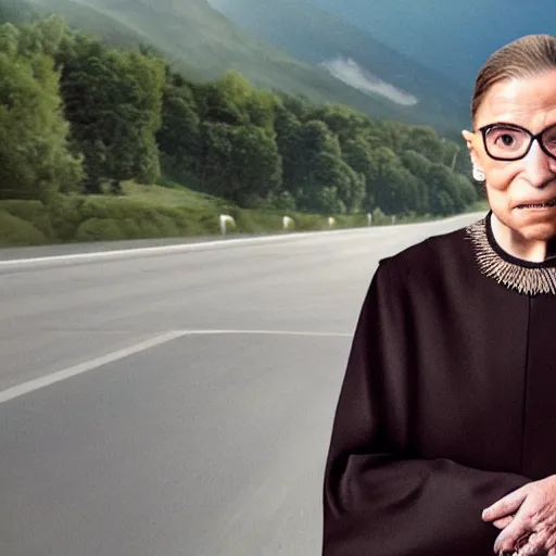 Image similar to ruth bader ginsburg standing in the middle of a highway, dashcam footage, accident