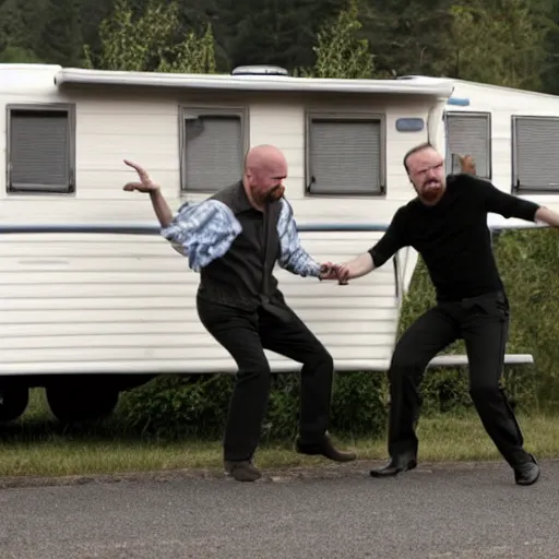 Image similar to jesse pinkman and walter white dancing on top of a caravan