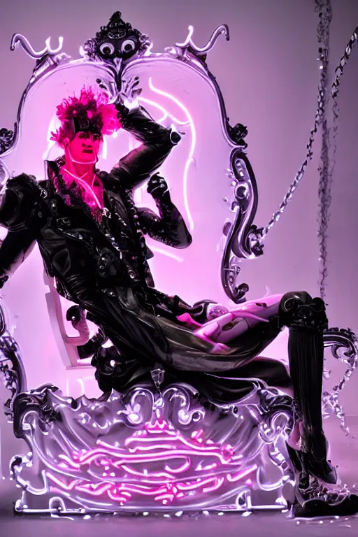 Image similar to full-body rococo and cyberpunk style neon statue of a muscular attractive Spanish macho android sim roupa reclining con las piernas abertas e la piroca e dotado, ethereal white dripping tar, glowing orange lasers, pink tigers, glowing eyes, silver prince crown, black gears, pink diamonds, swirling mint-colored silk fabric. futuristic elements. full-length view. human skulls. large intricate artwork by caravaggio. Trending on artstation, octane render, cinematic lighting from the right, hyper realism, octane render, 8k, depth of field, 3D