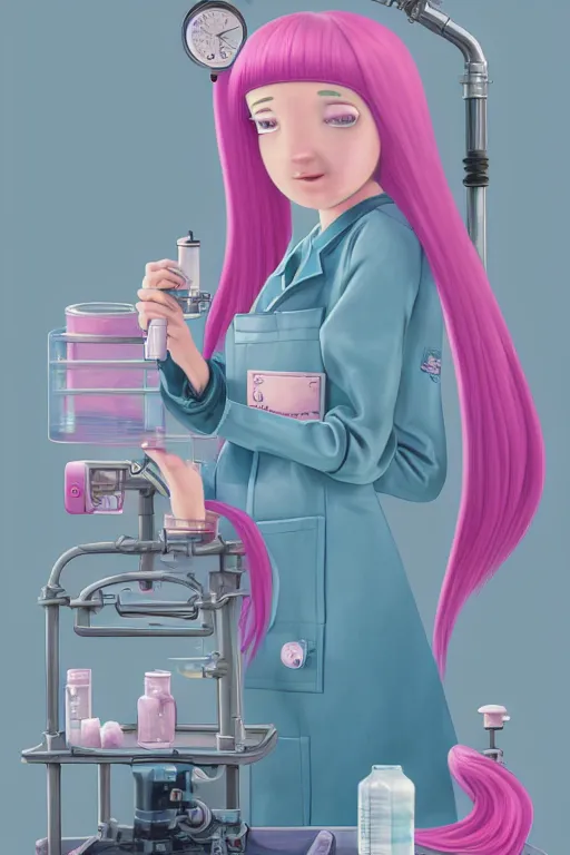 Image similar to highly detailed, industrial photography, profile view of adult princess bubblegum from adventure time, working in her science lab, wearing lab coat, long bubblegum hair, long straight bangs, confident, beautiful, attractive, illustration concept art by nicoletta ceccoli, mark ryden, lostfish, detailed and intricate environment, 8 k resolution, hyperrealistic, octane render