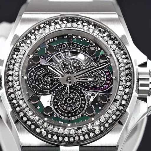 Image similar to vvs diamond alexandrite sapphire watch, intricate design, rolex, cogs and gears, steampunk watch, bejeweled beautiful watch, richard mille, promotional photo, 8 k photography