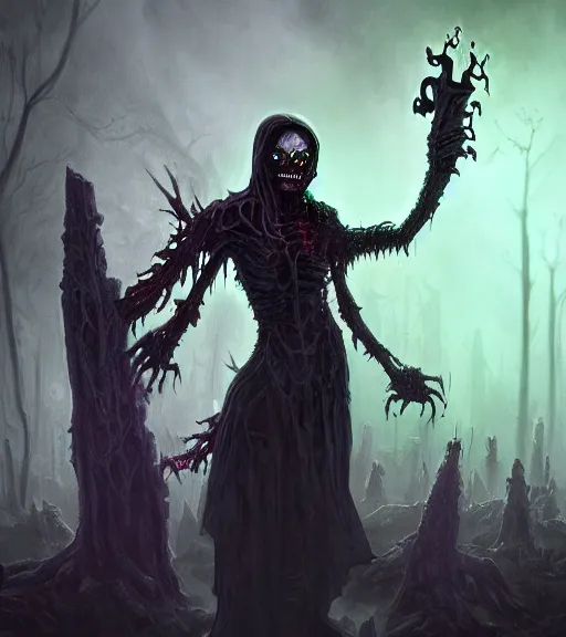 Image similar to gothic necrolord female with zombie servents, digital painting, liminal eerie midnight backlit, a picture taken by Michael Komarck and Daniel Ljunggren