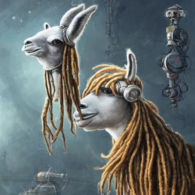 Image similar to llama with dreadlocks, industrial sci-fi, by Mandy Jurgens, Ernst Haeckel, James Jean