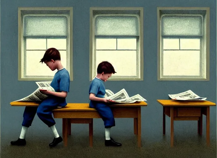 Image similar to a very boring day in school, kids wearing identical clothes reading newspapers, painting by quint buchholz and ray caesar, muted colors, gray, dull, boring, low energy, pale blue faces, very detailed