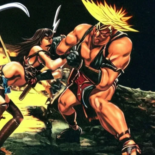 Prompt: ax battler fighting a warrior, golden axe the movie, still