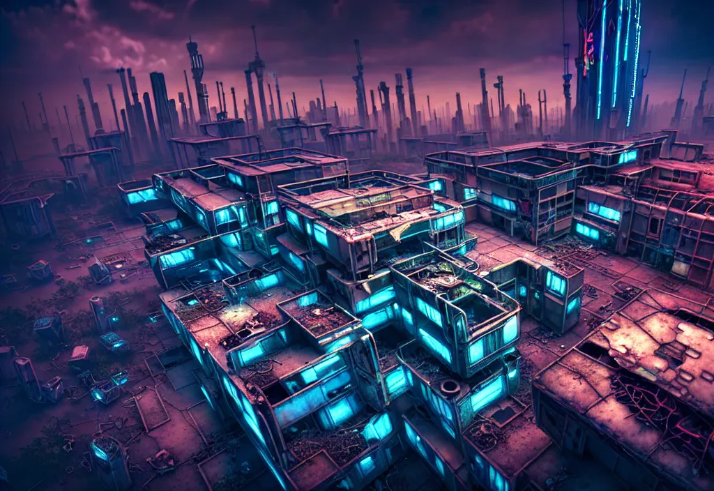 Image similar to A highly detailed crisp unreal engine render of aerial drone photo of A beautiful futuristic cyberpunk abandoned dystopia city building with neon fine lights, plants allover , godray, sunlight breaking through clouds, clouds, debris on the ground, abandoned machines bright colors, isometric, nitid horizon, factory by wangchen-cg, 王琛,Neil blevins, artstation, Gediminas Pranckevicius