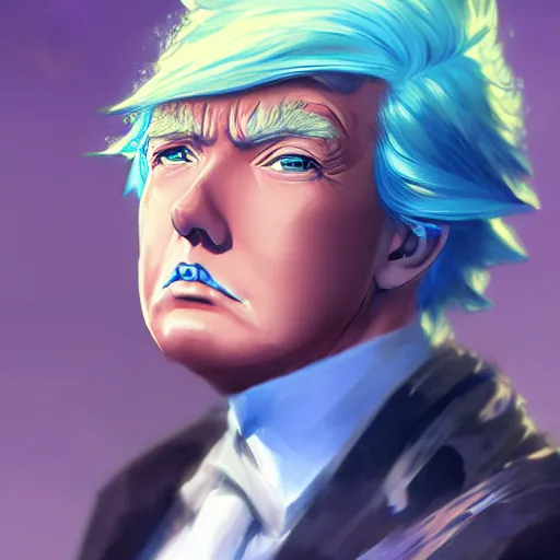 Image similar to anime portrait of Donald Trump with Blue Hair as an anime boy by Stanley Artgerm Lau, WLOP, Rossdraws, James Jean, Andrei Riabovitchev, Marc Simonetti, and Sakimichan, trending on artstation