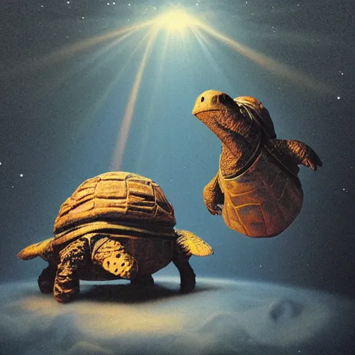 Prompt: majestic seat turtles in outerspace with an ethereal aura in the style of rembrandt
