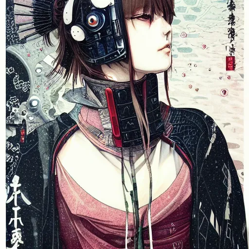 Prompt: a beautiful ukiyo painting of cyberpunk woman, wearing space techwear, detailed symmetrical close up portrait, intricate complexity, by takato yamamoto, wlop, krenz cushart. cinematic dramatic atmosphere, sharp focus