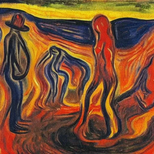 Prompt: insane dances around the campfire, oil painting expressionism edvard munch