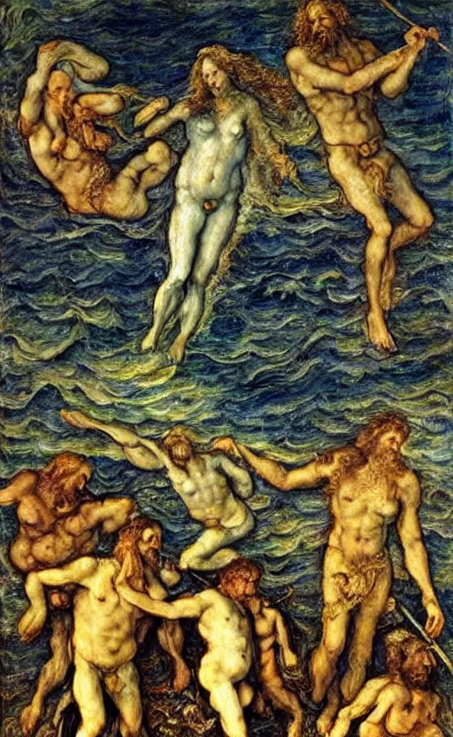 Image similar to Poseidon\'s sad love, oil painting by Dürer and Monet, mind-blowing art, very detailed, high quality