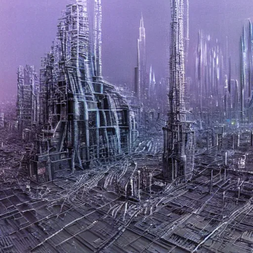 Prompt: photo of a futuristic city made of electronic components by hr giger and zdzislaw beksinski. Very detailed 8k
