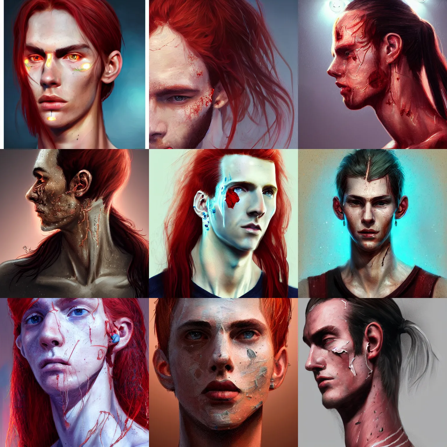 Prompt: portrait of a thin young man with long red hair, ponytail, a big scars, big gash on face, freckles on his face, an earring, intricate, elegant, glowing lights, highly detailed, digital painting, artstation, concept art, smooth, sharp focus, illustration