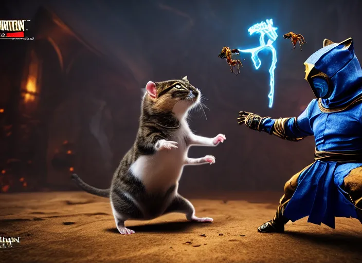 Image similar to hamster dressed as sub zero fights a cat dressed as scorpion in mortal kombat on the background of a laughing shao khan. fantasy magic style. highly detailed 8 k. intricate. lifelike. soft light. sony a 7 r iv 5 5 mm. unreal engine with nanite and path tracing