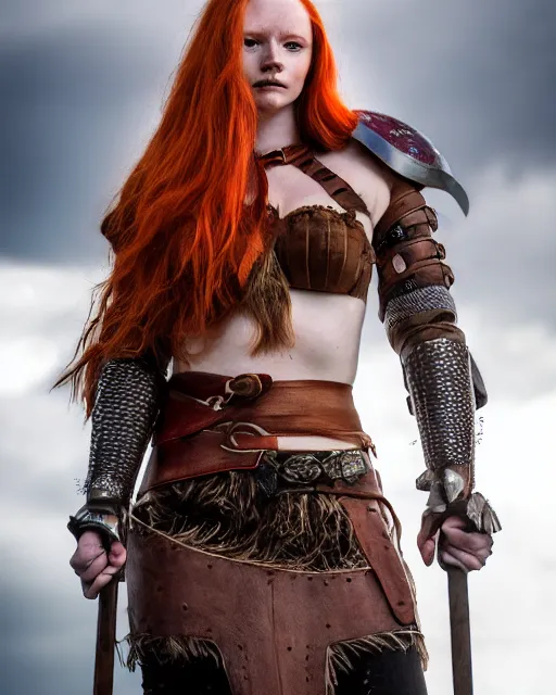 Prompt: north adult female warrior, red hair, ginger hair, long hair, fantasy, female Viking, high detailed, photography, cloudy, lightweight leather armour, Scandinavia, plain, detailed face, beautiful face, beautiful girl, look into the distance, professional model, glowing skin, serious face, full body,in full growth, professional photographer, masterpiece, 50 mm, extremely detailed, sharp focus, 8k, 3D