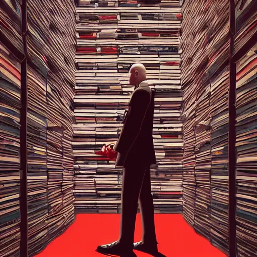 Image similar to a portrait of agent 4 7 from hitman wearing headphones, standing in front of a wall of vinyl records, dark background, red rim light, highly detailed, digital art, artstation, concept art, smooth, sharp focus, greg rutkowski, wlop