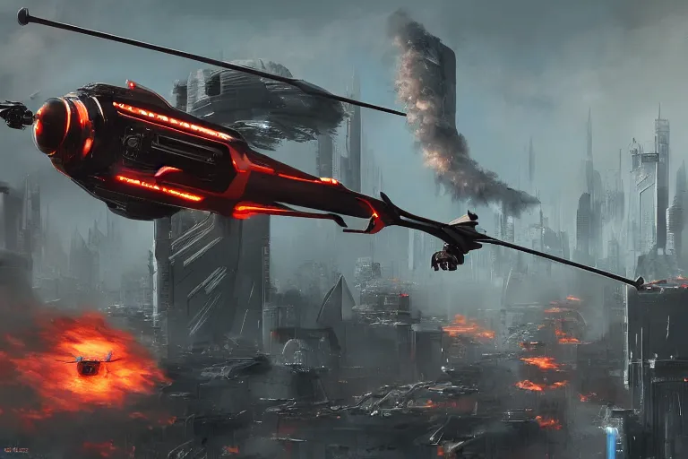 Image similar to futuristic autonomous helicopter with a flame cannon attached to the bottom, desolate metropolis, digital art, fantasy, trending on artstation, professional illustration, cgsociety, ultra detailed