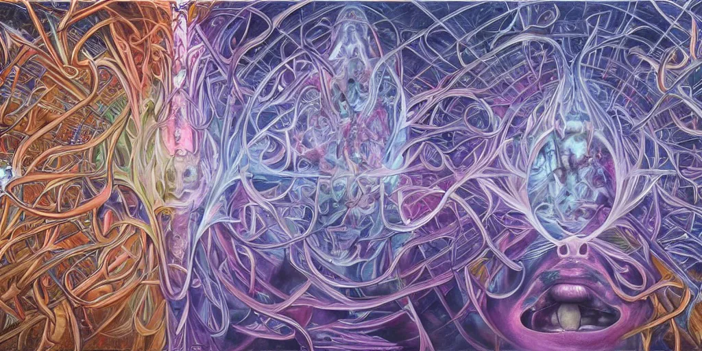 Image similar to mortal contemplations is a vision based on a meditative moment of self - reflection on the condition of being subject to death, inspired by the pandemic's forced collective confrontation of mortality on a global scale, volumetric lighting and shadows, concept art, biomechanical, realistic oil painting by alex grey