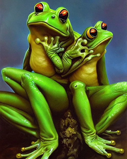 Image similar to two happy frogs by peter andrew jones, hyper detailed