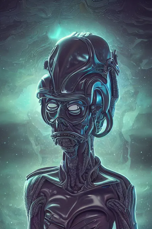 Image similar to rick and morty fused with lovecraft and vader helmet, high details, intricate details, by vincent di fate, artgerm julie bell beeple, 90s, Smooth gradients, octane render, 8k, volumetric lightning, High contrast, depth of field, very coherent symmetrical artwork